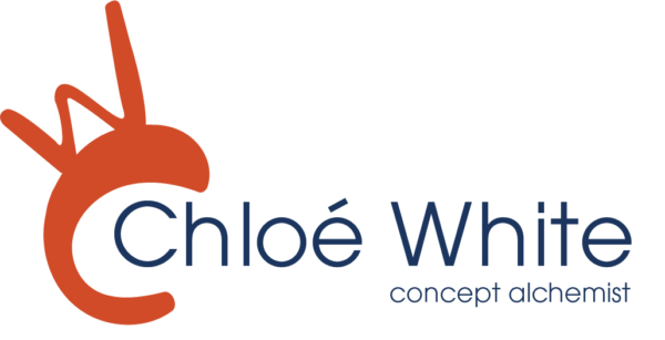 Chloé White Concept Alchemist logo (text is in blue) (logo is a W and C on top of each other in the color orange)
