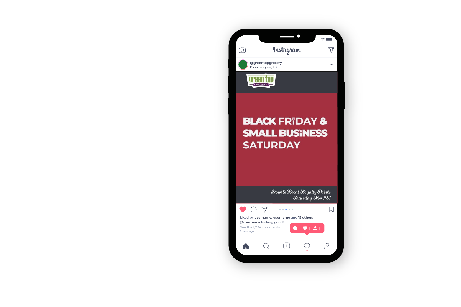 smart phone screen on instagram post of green top grocery Black Friday and small business Saturday. Instagram event vector created by freepik - www.freepik.com